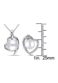 2 Piece Set of 8-9 MM Cultured Freshwater Pearl and Diamond Heart Stud Earrings and Pendant With Chain in Sterling Silver