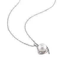2 Piece Set of 8-9 MM Cultured Freshwater Pearl and Diamond Heart Stud Earrings and Pendant With Chain in Sterling Silver