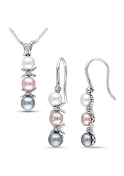 2-Pc Set of Dyed Grey, Pink and White Cultured Freshwater Pearl and Diamond Drop Earrings and Pendant With Chain in Sterling Silver