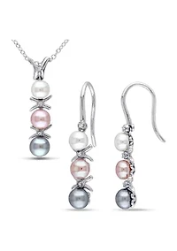 2-Pc Set of Dyed Grey, Pink and White Cultured Freshwater Pearl and Diamond Drop Earrings and Pendant With Chain in Sterling Silver