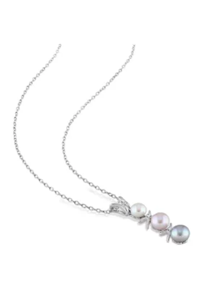 2-Pc Set of Dyed Grey, Pink and White Cultured Freshwater Pearl and Diamond Drop Earrings and Pendant With Chain in Sterling Silver