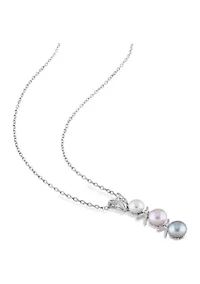 2-Pc Set of Dyed Grey, Pink and White Cultured Freshwater Pearl and Diamond Drop Earrings and Pendant With Chain in Sterling Silver