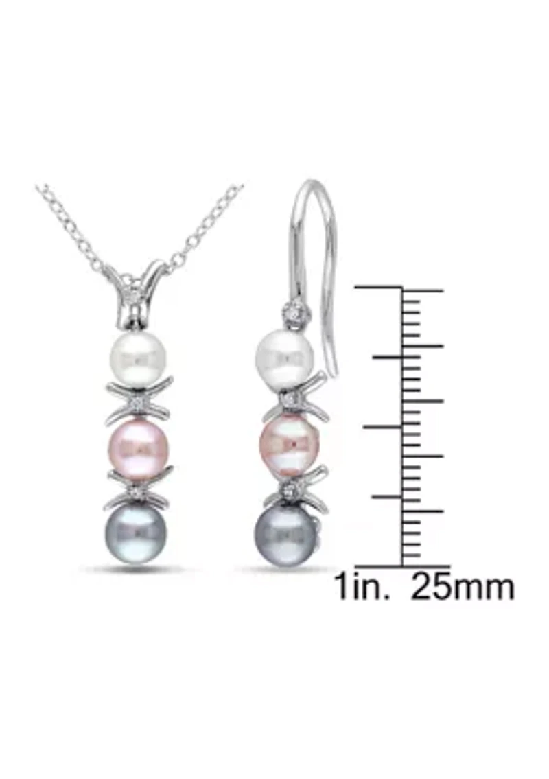 2-Pc Set of Dyed Grey, Pink and White Cultured Freshwater Pearl and Diamond Drop Earrings and Pendant With Chain in Sterling Silver