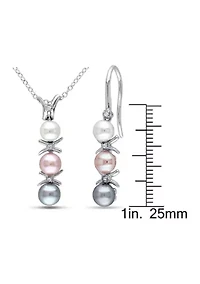 2-Pc Set of Dyed Grey, Pink and White Cultured Freshwater Pearl and Diamond Drop Earrings and Pendant With Chain in Sterling Silver