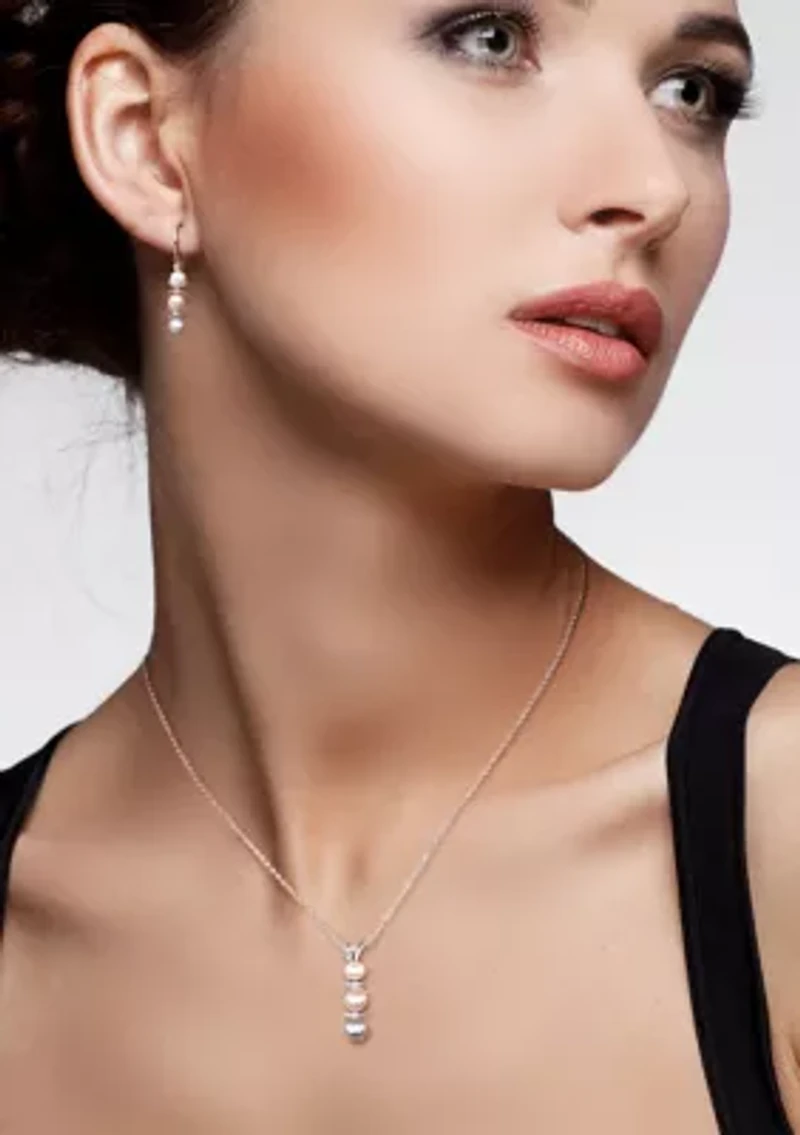 2-Pc Set of Dyed Grey, Pink and White Cultured Freshwater Pearl and Diamond Drop Earrings and Pendant With Chain in Sterling Silver