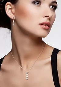 2-Pc Set of Dyed Grey, Pink and White Cultured Freshwater Pearl and Diamond Drop Earrings and Pendant With Chain in Sterling Silver