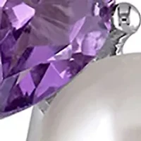 2 -Pc Set Of 4 CT TGW Created White and Pink Sapphire, Amethyst, Rose de France and Cultured Freshwater Pearl Cluster Earrings and Pendant With Chain in Sterling Silver