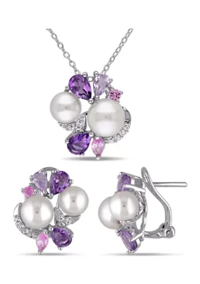 2 -Pc Set Of 4 CT TGW Created White and Pink Sapphire, Amethyst, Rose de France and Cultured Freshwater Pearl Cluster Earrings and Pendant With Chain in Sterling Silver