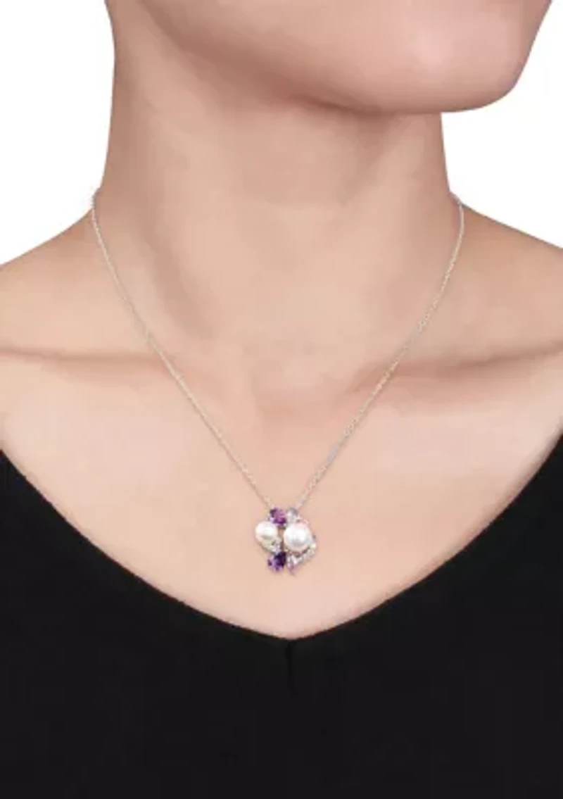 2 -Pc Set Of 4 CT TGW Created White and Pink Sapphire, Amethyst, Rose de France and Cultured Freshwater Pearl Cluster Earrings and Pendant With Chain in Sterling Silver