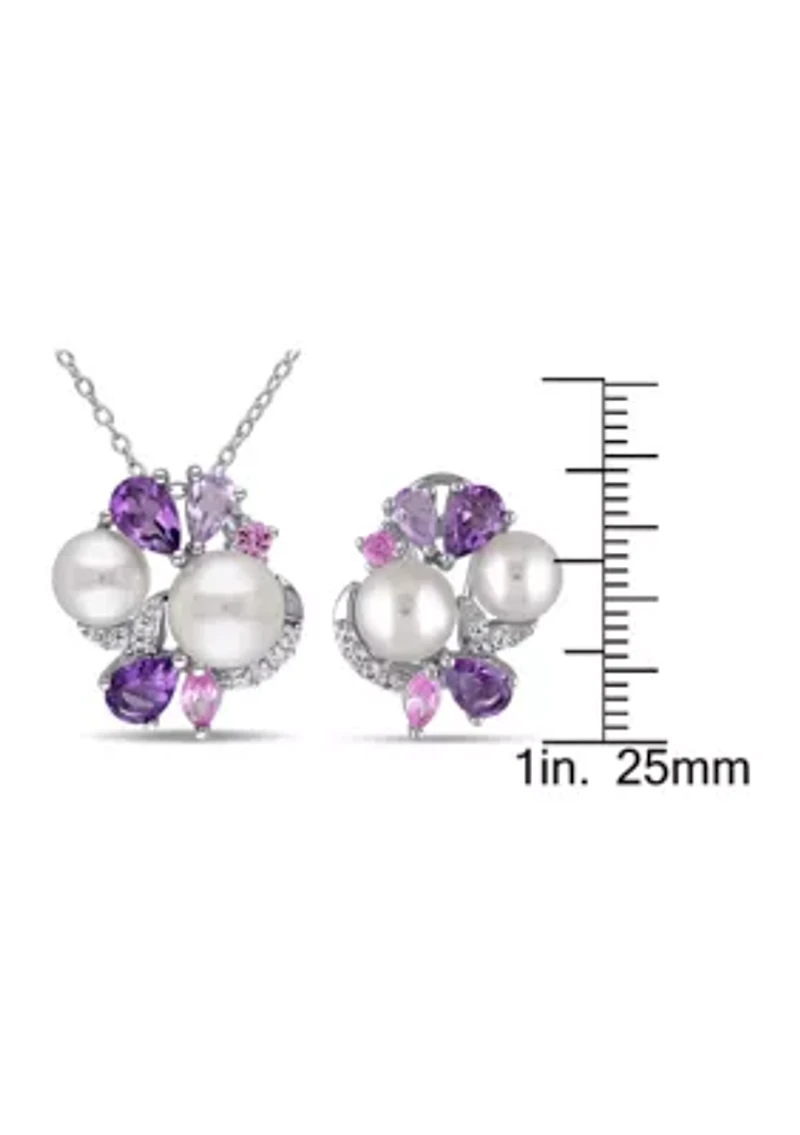 2 -Pc Set Of 4 CT TGW Created White and Pink Sapphire, Amethyst, Rose de France and Cultured Freshwater Pearl Cluster Earrings and Pendant With Chain in Sterling Silver