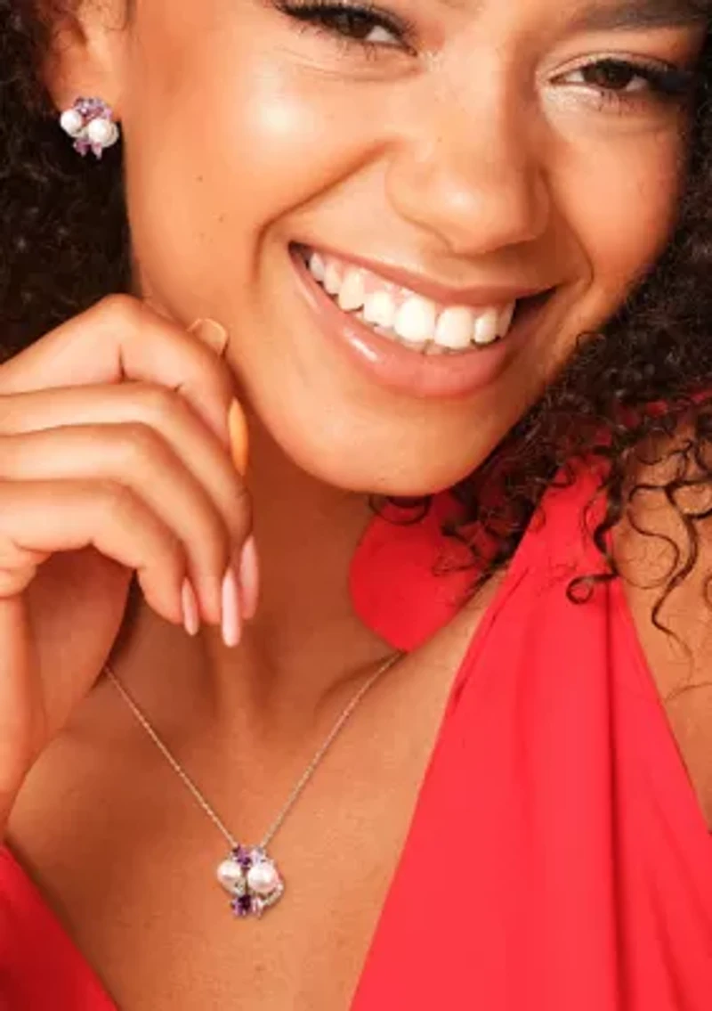2 -Pc Set Of 4 CT TGW Created White and Pink Sapphire, Amethyst, Rose de France and Cultured Freshwater Pearl Cluster Earrings and Pendant With Chain in Sterling Silver
