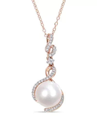 10-10.5 MM Cultured Freshwater Pearl, White Sapphire and 1/6 CT TW Diamond Twist Drop Pendant with Chain in Rose Plated Sterling Silver