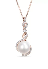 10-10.5 MM Cultured Freshwater Pearl, White Sapphire and 1/6 CT TW Diamond Twist Drop Pendant with Chain in Rose Plated Sterling Silver