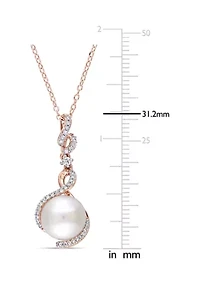 10-10.5 MM Cultured Freshwater Pearl, White Sapphire and 1/6 CT TW Diamond Twist Drop Pendant with Chain in Rose Plated Sterling Silver