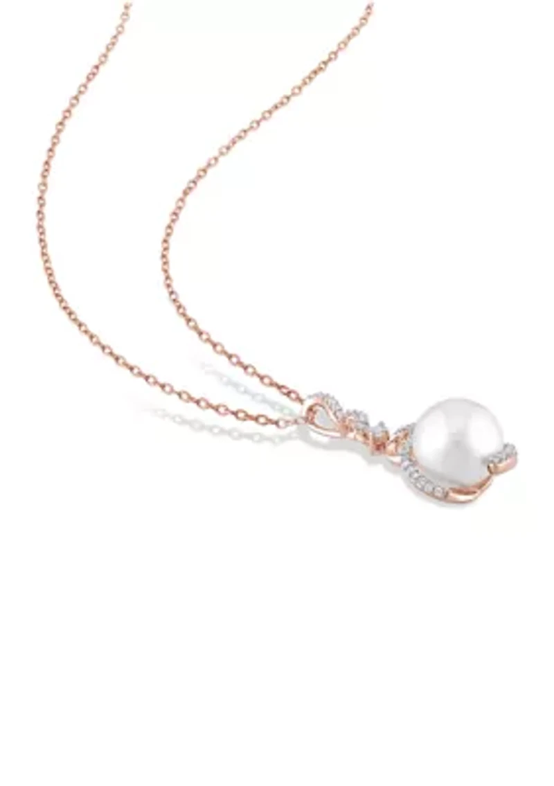 10-10.5 MM Cultured Freshwater Pearl, White Sapphire and 1/6 CT TW Diamond Twist Drop Pendant with Chain in Rose Plated Sterling Silver