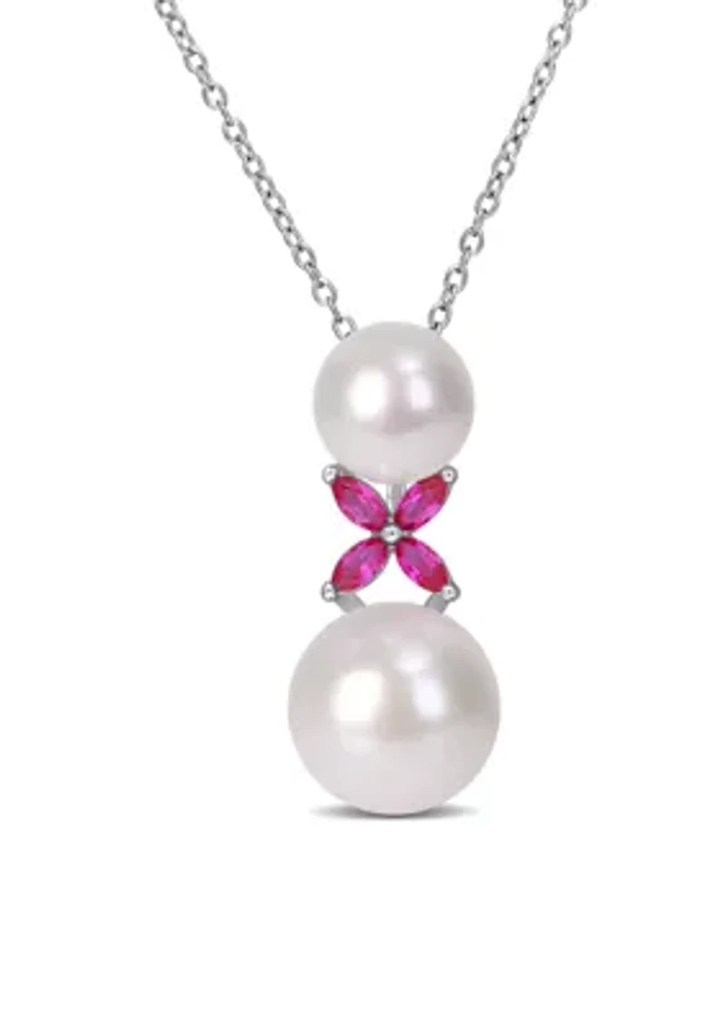 Lab Created Cultured Freshwater Pearl and Created Ruby Cross Pendant with Chain in Sterling Silver