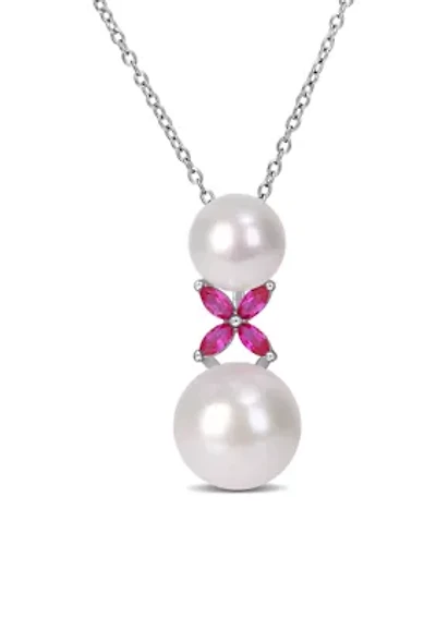 Lab Created Cultured Freshwater Pearl and Created Ruby Cross Pendant with Chain in Sterling Silver