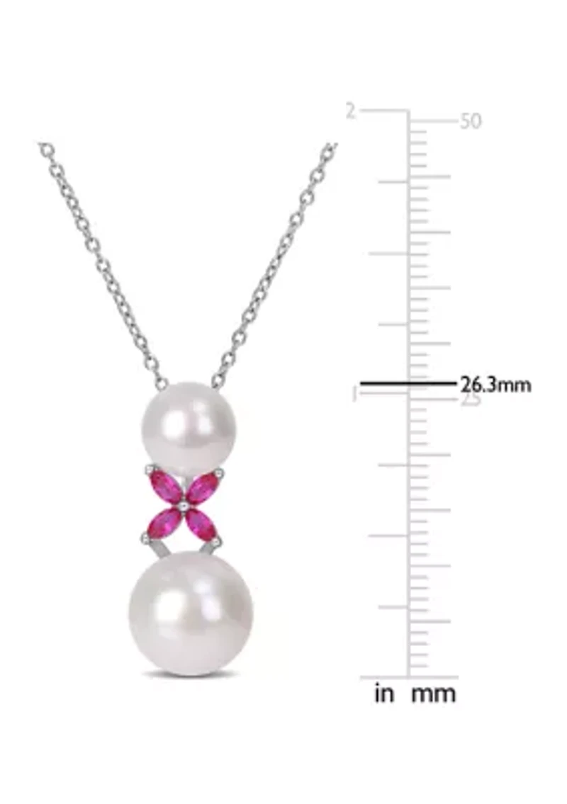 Lab Created Cultured Freshwater Pearl and Created Ruby Cross Pendant with Chain in Sterling Silver