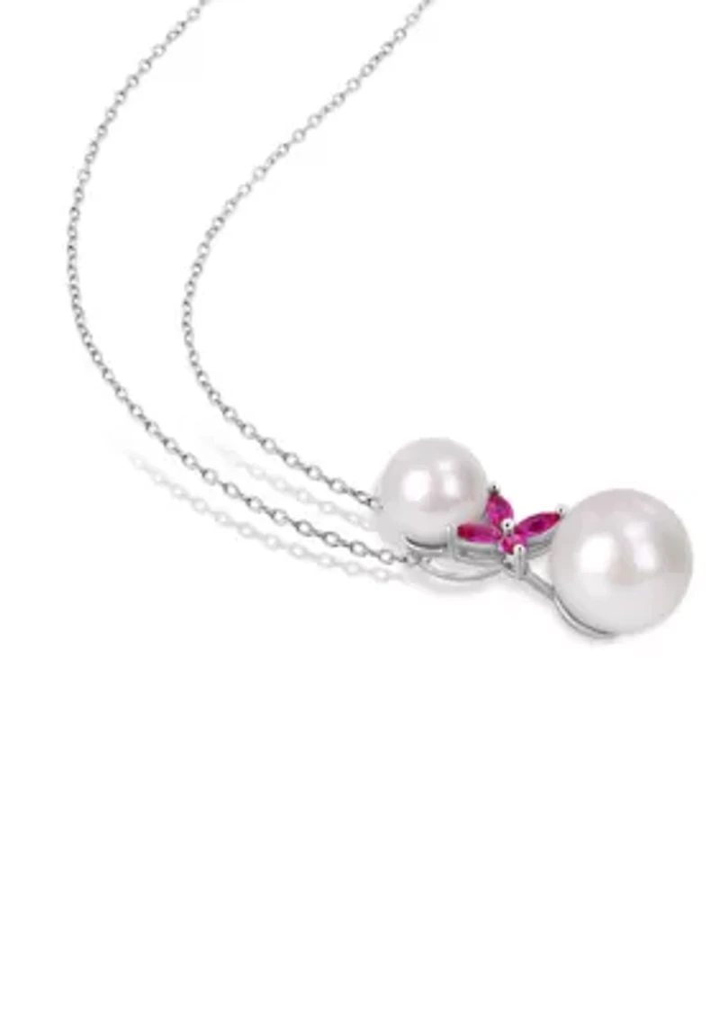 Lab Created Cultured Freshwater Pearl and Created Ruby Cross Pendant with Chain in Sterling Silver