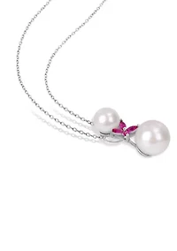 Lab Created Cultured Freshwater Pearl and Created Ruby Cross Pendant with Chain in Sterling Silver