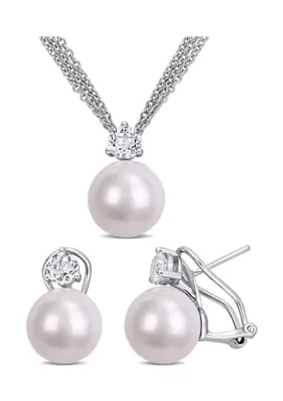 11-12mm Cultured Freshwater Pearl and 1 3/4 Ct TGW White Topaz Omega Clip Earrings and Pendant with Triple Strand Chain in Sterling Silver
