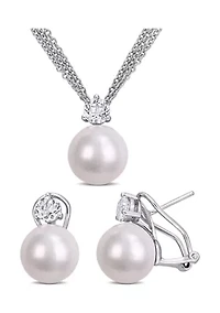 11-12mm Cultured Freshwater Pearl and 1 3/4 Ct TGW White Topaz Omega Clip Earrings and Pendant with Triple Strand Chain in Sterling Silver
