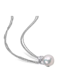 11-12mm Cultured Freshwater Pearl and 1 3/4 Ct TGW White Topaz Omega Clip Earrings and Pendant with Triple Strand Chain in Sterling Silver