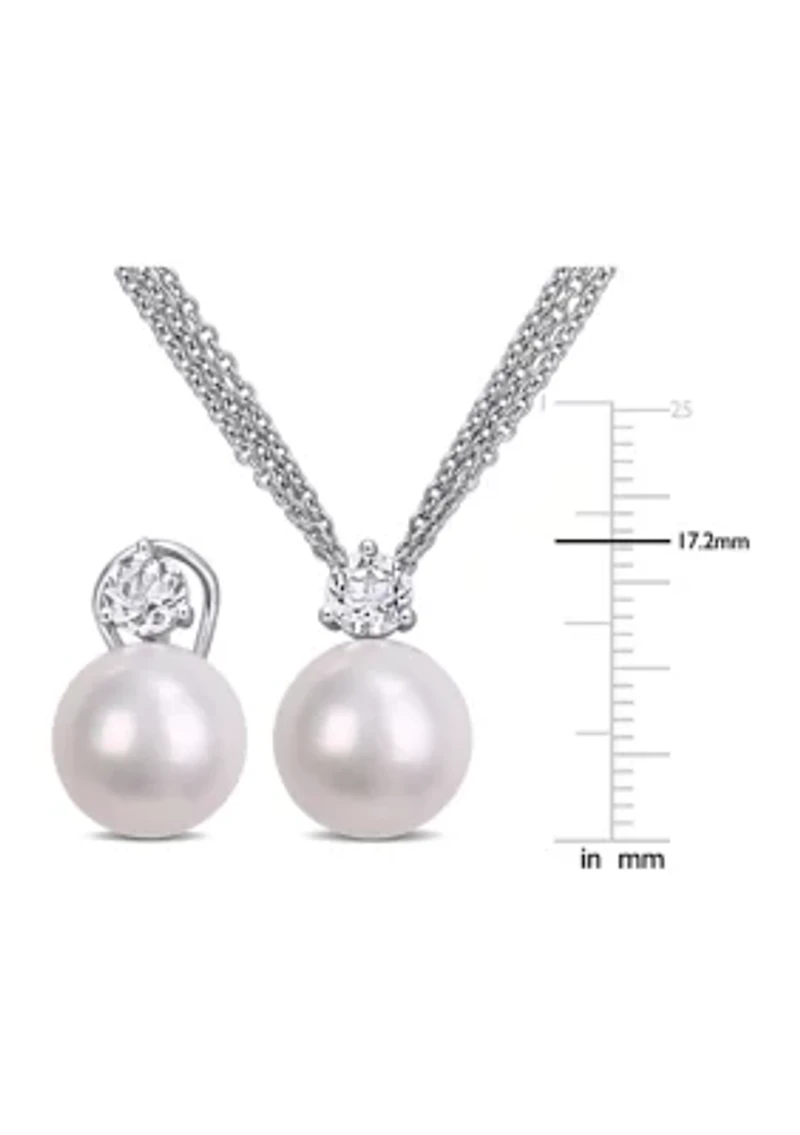 11-12mm Cultured Freshwater Pearl and 1 3/4 Ct TGW White Topaz Omega Clip Earrings and Pendant with Triple Strand Chain in Sterling Silver