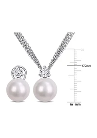 11-12mm Cultured Freshwater Pearl and 1 3/4 Ct TGW White Topaz Omega Clip Earrings and Pendant with Triple Strand Chain in Sterling Silver