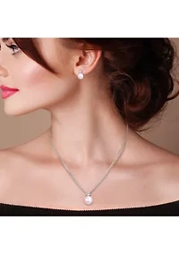 11-12mm Cultured Freshwater Pearl and 1 3/4 Ct TGW White Topaz Omega Clip Earrings and Pendant with Triple Strand Chain in Sterling Silver