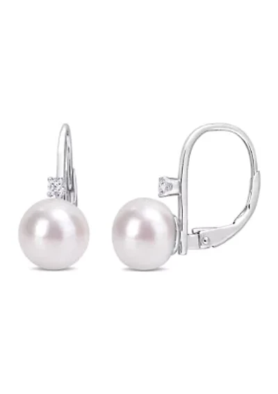 9-9.5mm Freshwater Cultured Pearl and 1/7 CT TGW Cubic Zirconia Leverback Earrings in Sterling Silver