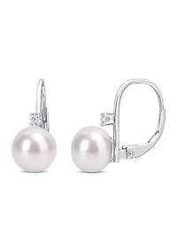 9-9.5mm Freshwater Cultured Pearl and 1/7 CT TGW Cubic Zirconia Leverback Earrings in Sterling Silver