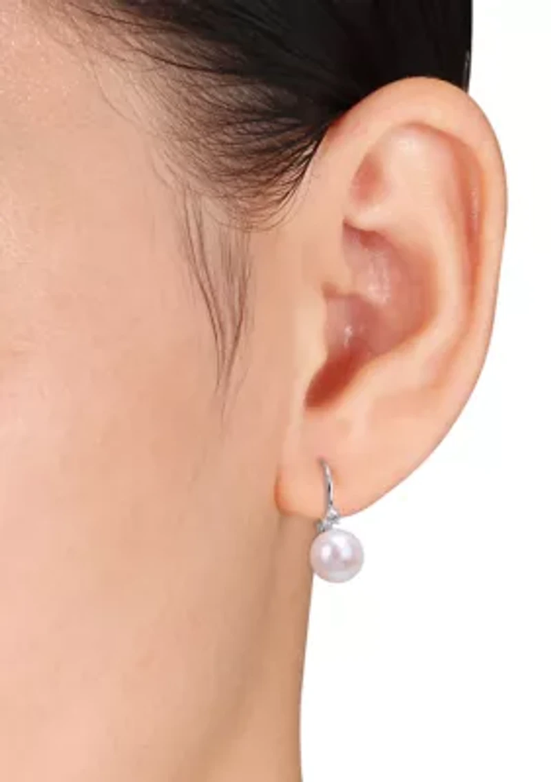 9-9.5mm Freshwater Cultured Pearl and 1/7 CT TGW Cubic Zirconia Leverback Earrings in Sterling Silver