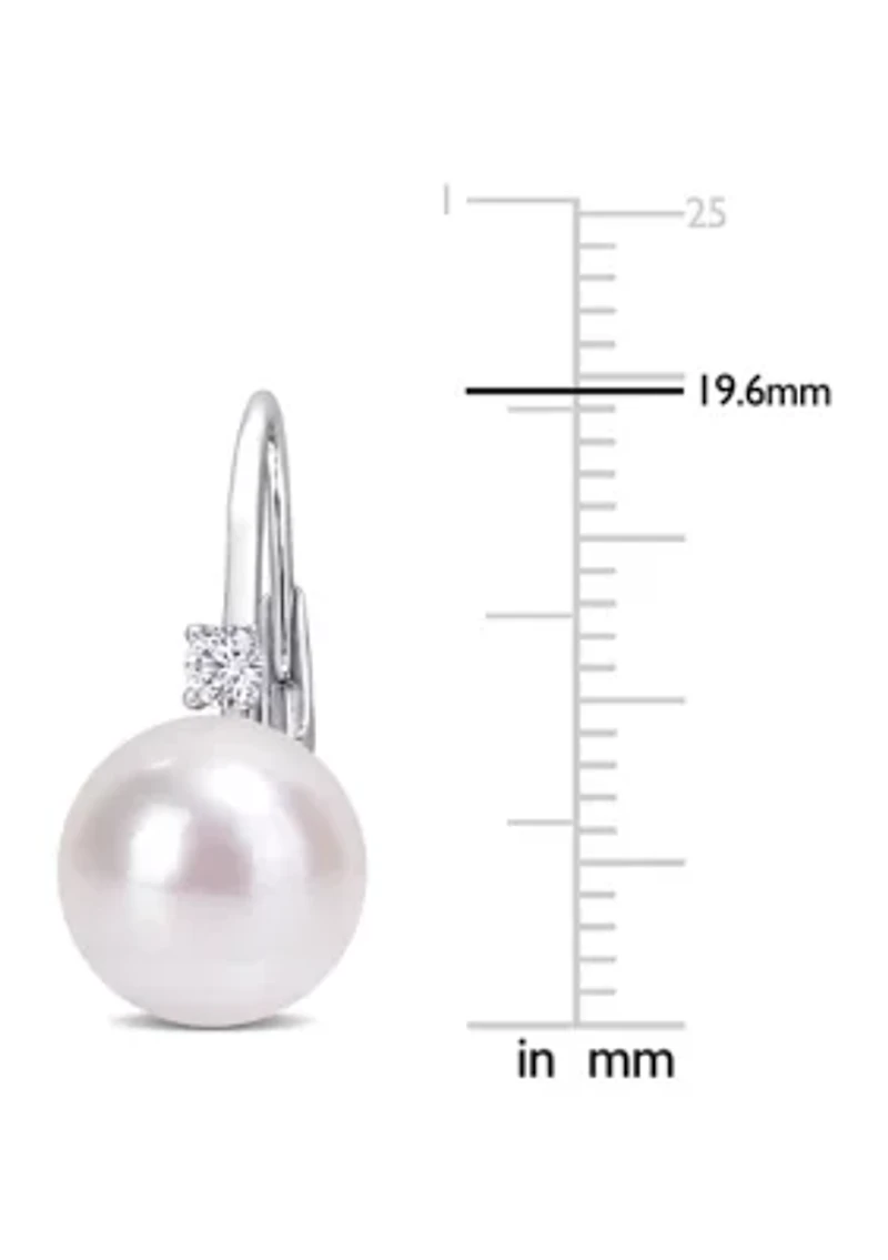 9-9.5mm Freshwater Cultured Pearl and 1/7 CT TGW Cubic Zirconia Leverback Earrings in Sterling Silver