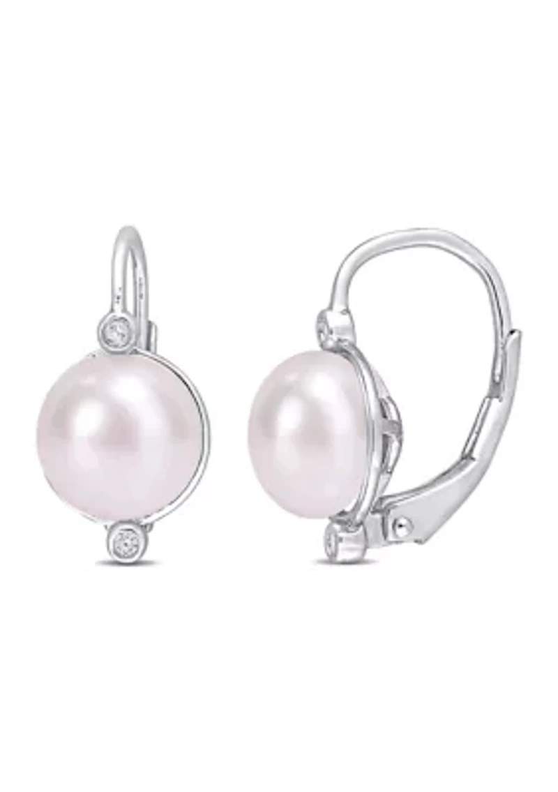 7.5-8mm Freshwater Cultured Pearl and Diamond Accent Leverback Earrings in Sterling Silver