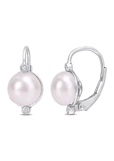 7.5-8mm Freshwater Cultured Pearl and Diamond Accent Leverback Earrings in Sterling Silver