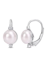 7.5-8mm Freshwater Cultured Pearl and Diamond Accent Leverback Earrings in Sterling Silver