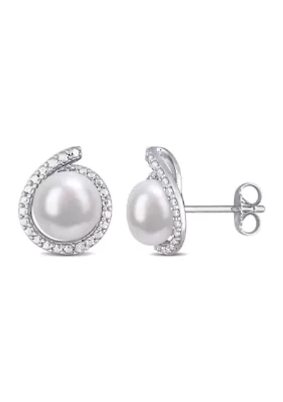 8-8.5mm Freshwater Cultured Pearl and Diamond Accent Halo Stud Earrings in Sterling Silver
