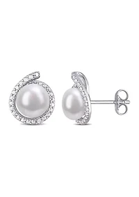 8-8.5mm Freshwater Cultured Pearl and Diamond Accent Halo Stud Earrings in Sterling Silver