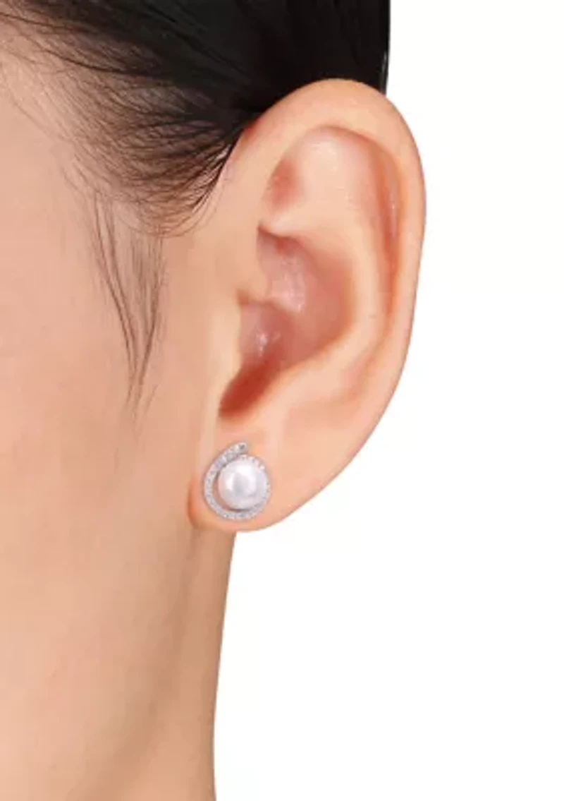 8-8.5mm Freshwater Cultured Pearl and Diamond Accent Halo Stud Earrings in Sterling Silver