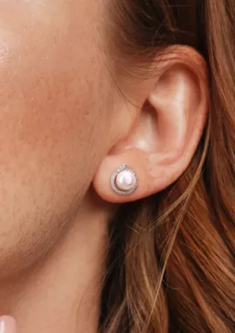 8-8.5mm Freshwater Cultured Pearl and Diamond Accent Halo Stud Earrings in Sterling Silver