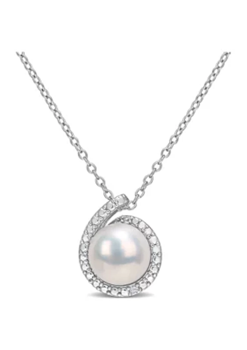 8-8.5mm Freshwater Cultured Pearl and Diamond Accent Halo Pendant with Chain in Sterling Silver