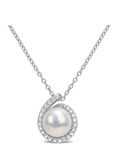 8-8.5mm Freshwater Cultured Pearl and Diamond Accent Halo Pendant with Chain in Sterling Silver