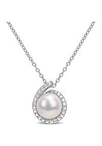 8-8.5mm Freshwater Cultured Pearl and Diamond Accent Halo Pendant with Chain in Sterling Silver