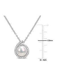 8-8.5mm Freshwater Cultured Pearl and Diamond Accent Halo Pendant with Chain in Sterling Silver