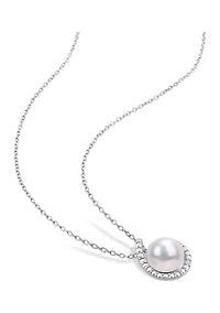 8-8.5mm Freshwater Cultured Pearl and Diamond Accent Halo Pendant with Chain in Sterling Silver