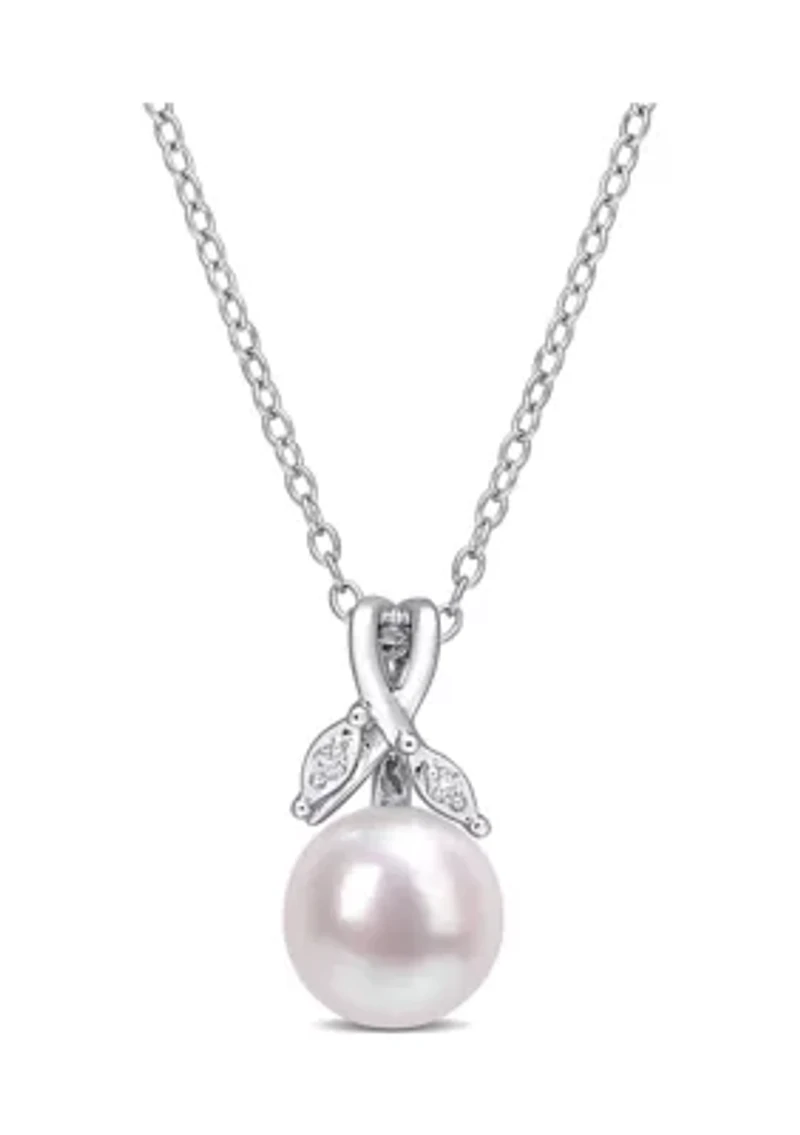 7.5-8mm Freshwater Cultured Pearl and Diamond Accent Drop Pendant with Chain in Sterling Silver