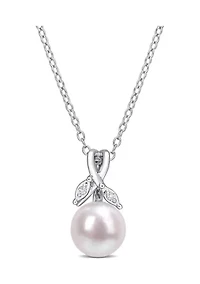 7.5-8mm Freshwater Cultured Pearl and Diamond Accent Drop Pendant with Chain in Sterling Silver