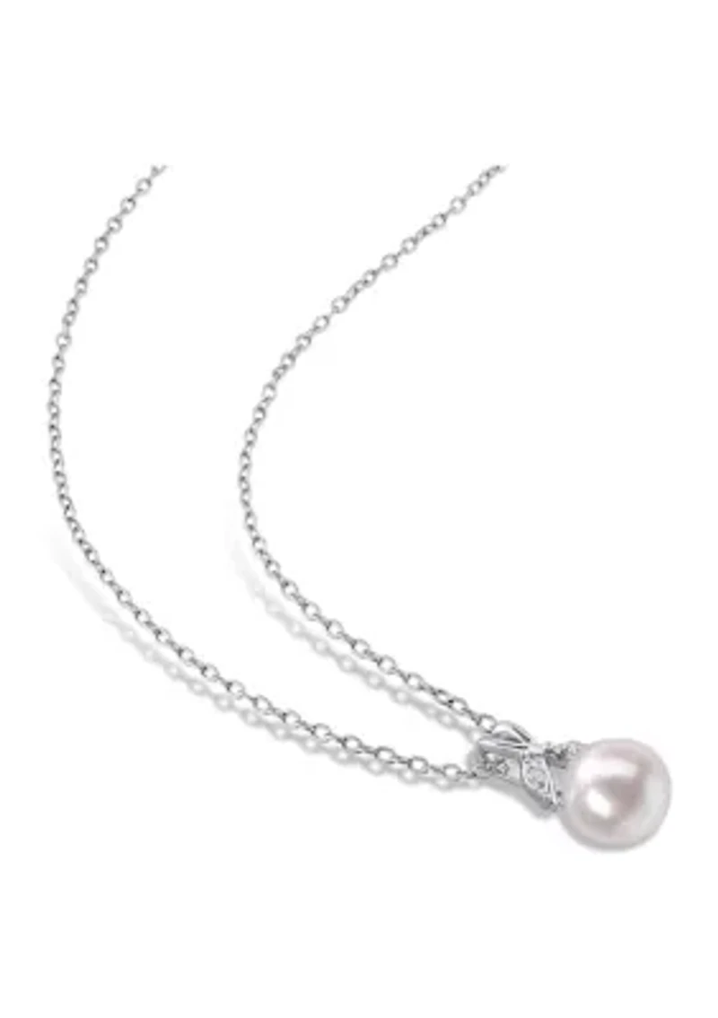 7.5-8mm Freshwater Cultured Pearl and Diamond Accent Drop Pendant with Chain in Sterling Silver