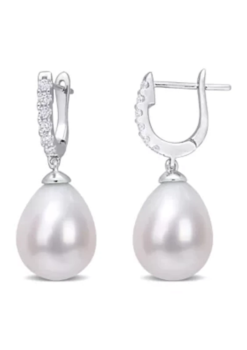 8.5-9mm Freshwater Cultured Pearl and 1/5 CT TGW Cubic Zirconia Drop Cuff Earrings in Sterling Silver